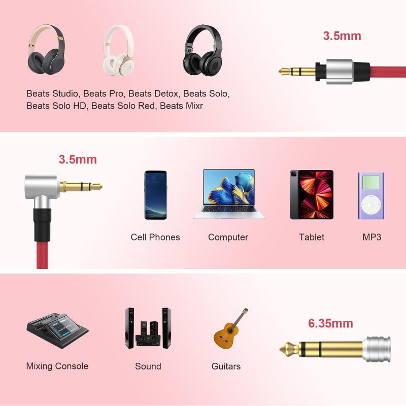 Learsoon Replacement Audio Aux Auxiliary Extension Cable Compatible with Beats by Dr Dre Solo Studio Pro Detox Edition Headphones (Red) - Image 2